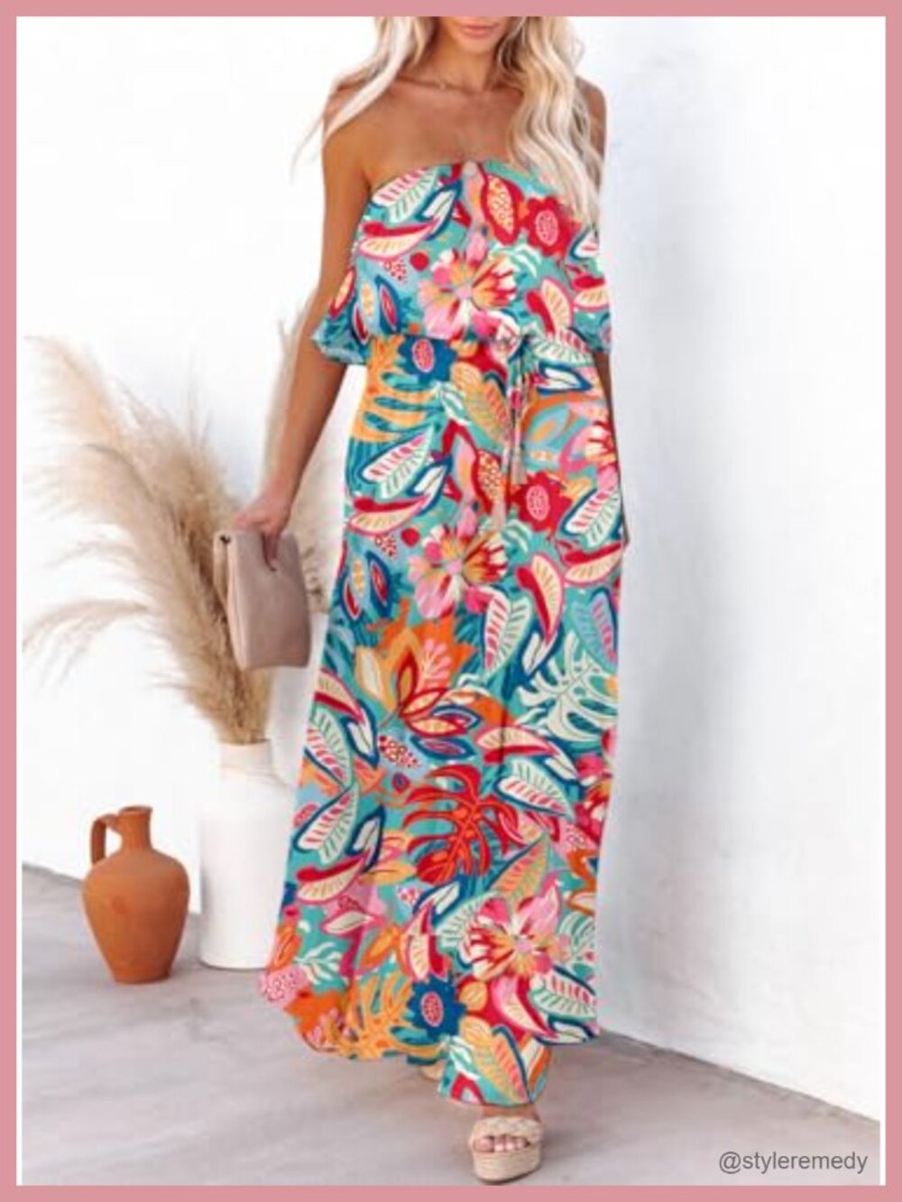 Strapless Boho Maxi Dress Side Split Flowy Casual Summer Beach - Picture 3 of 6